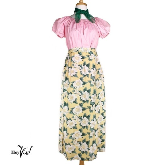 Vintage Yellow Floral Rayon Skirt 34" Long with Side Slits Size Medium - Hey Viv - Picture 1 of 4